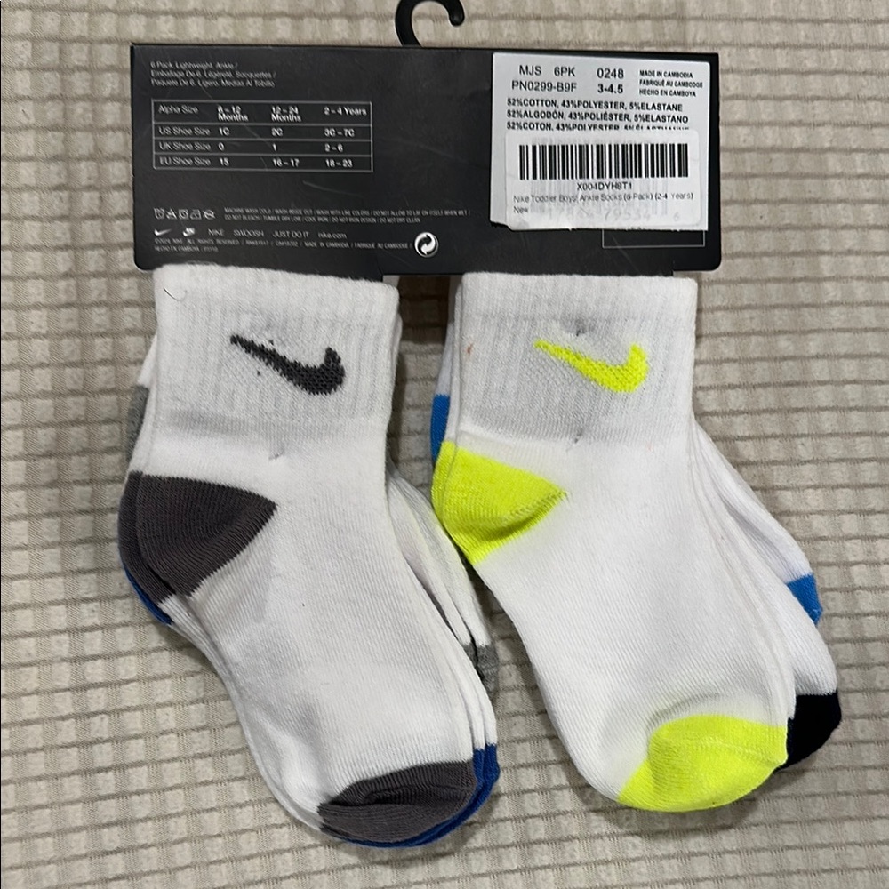 Nike Kids White and Neon Yellow Socks